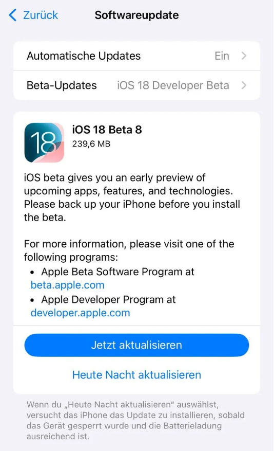 翁牛特苹果手机维修分享苹果 iOS / iPadOS 18 开发者预览版 Beta 8 发布 